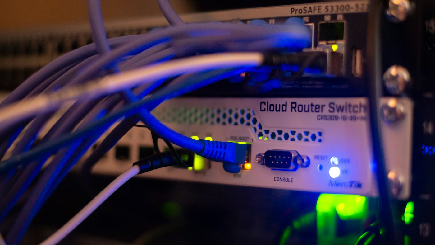 Ethernet patch leads connected to network equipment